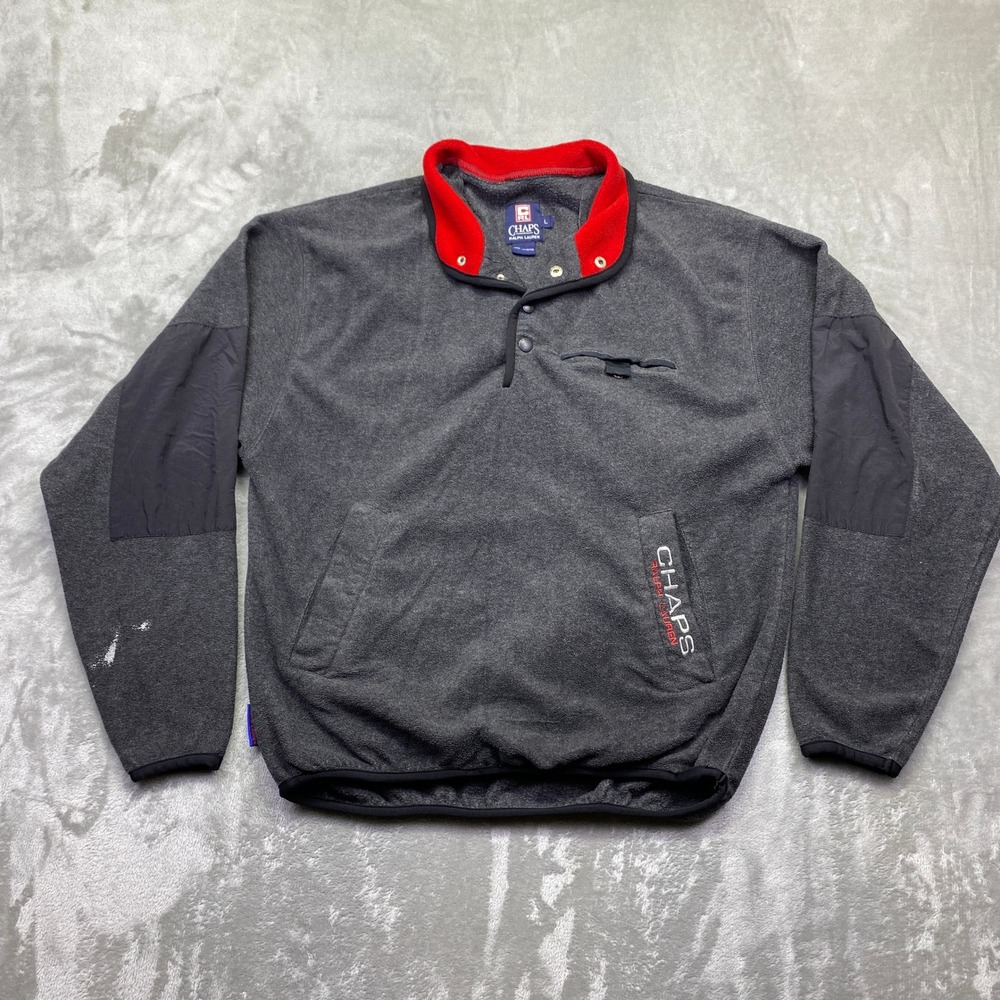 VTG Chaps Ralph Lauren‎ Mens Large Gray Red Snap Fleece Pullover Sweatshirt